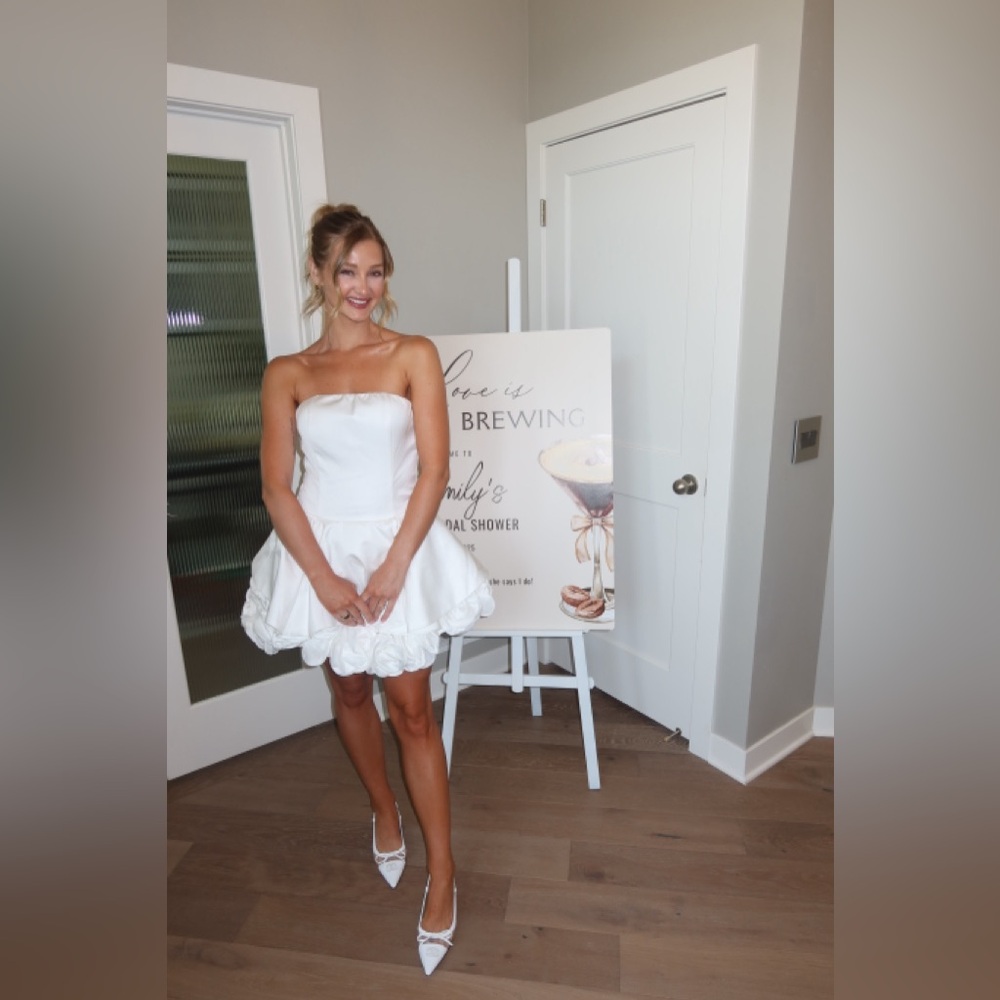 Strapless White Mini Dress with Scallop Hem